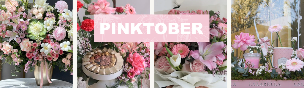 Collage of pink-themed floral arrangements and decor with 'Pinktober' text.
